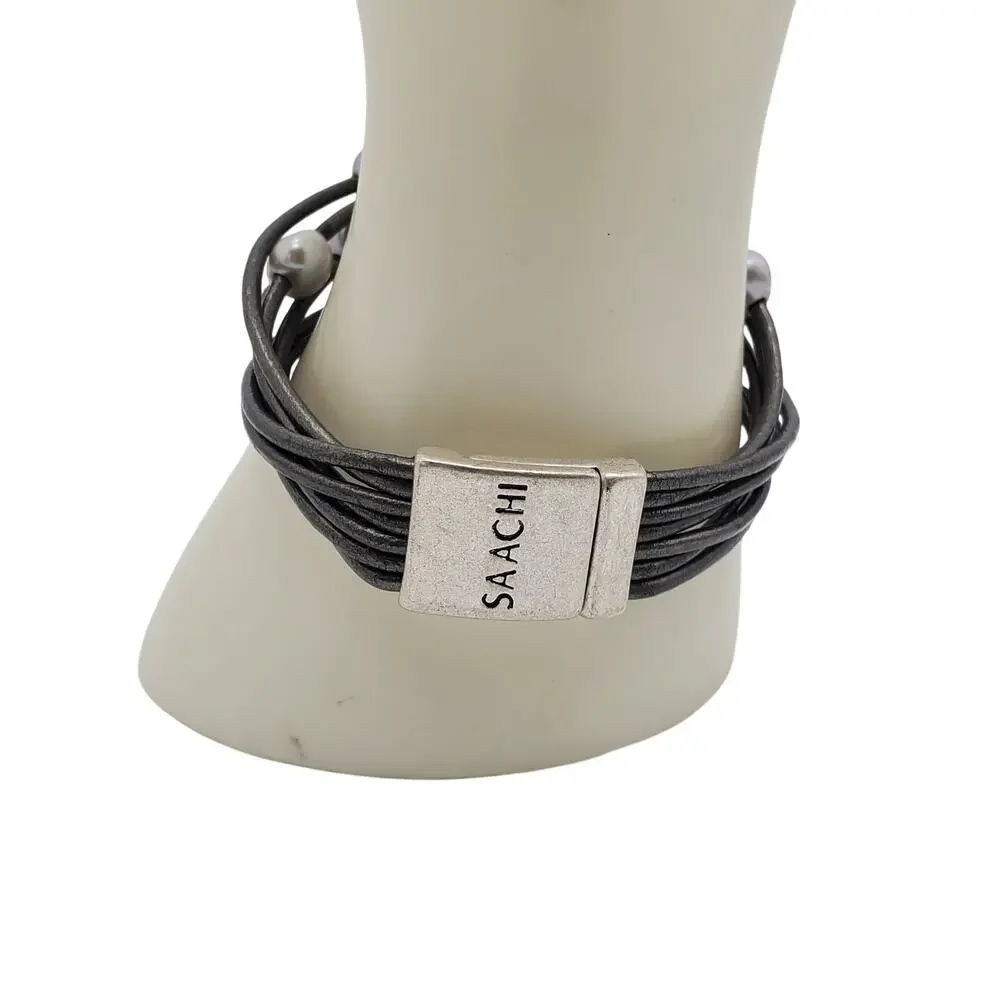 Saachi Freshwater Pearl Bracelet Gray Gunmetal Multi Strap Wrap Layered Modern - Picture 8 of 10